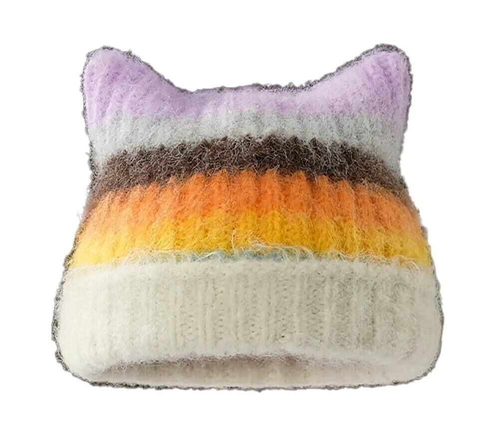 6320 Girls Cute Cat Ears Beanie Hat Winter Warm Knit Hat Retro Y2K Skull